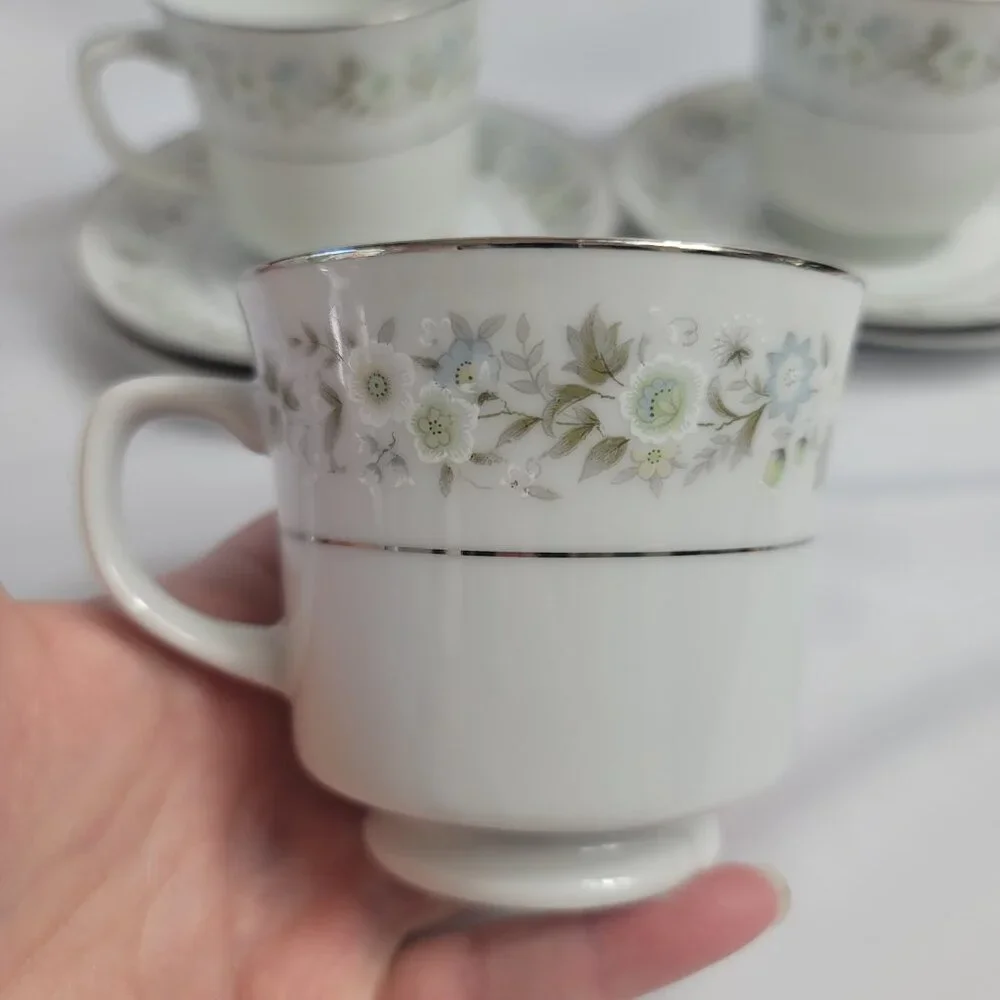 FOUR Imperial China Wild Flower Cup & Saucer Sets Green Blue & White Flowers